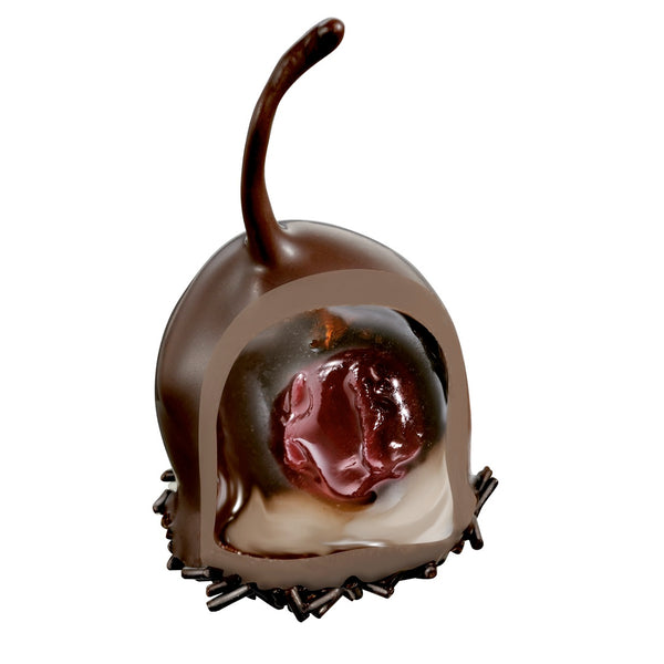 Pralină realizată manual cu o cireașă Morello întreagă, cu codiță, scufundată în cremă de lichior, imbrăcată în ciocolată neagră crunchy, pentru o plăcere intensă