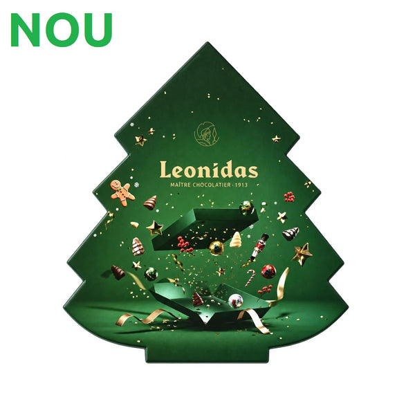 Noua cutie în formă de brăduț verde, Ediție de Crăciun, este elegantă și conține un mix de 44 de praline belgiene Leonidas din cea mai fină ciocolată belgiană