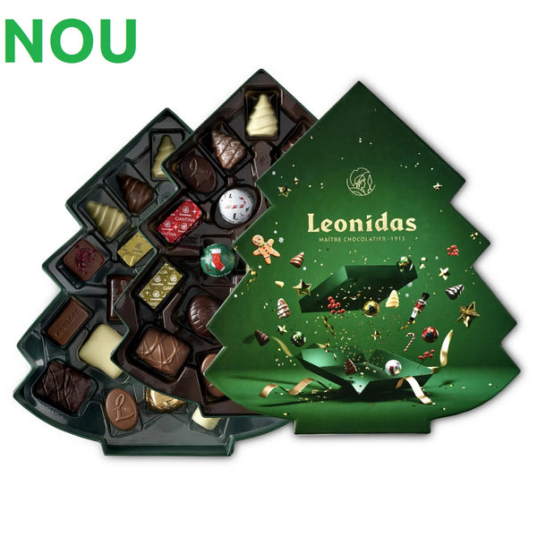 Noua cutie în formă de brăduț verde, Ediție de Crăciun, este elegantă și conține un mix de 44 de praline belgiene Leonidas din cea mai fină ciocolată belgiană