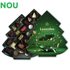 Noua cutie în formă de brăduț verde, Ediție de Crăciun, este elegantă și conține un mix de 44 de praline belgiene Leonidas din cea mai fină ciocolată belgiană