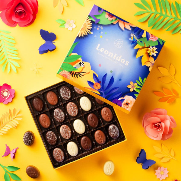cutie cadou cu praline de ciocolată Leonidas, design floral, vesel -cadou de vară