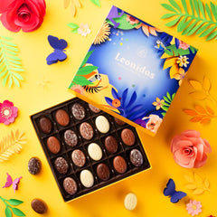 cutie cadou cu praline de ciocolată Leonidas, design floral, vesel -cadou de vară