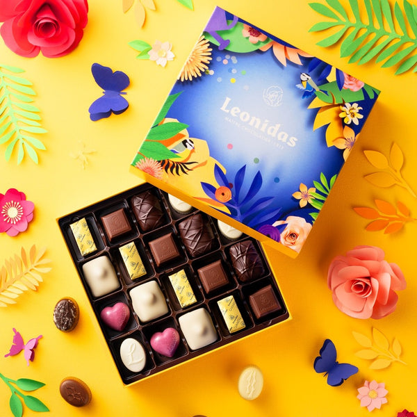 cutie cadou cu praline de ciocolată Leonidas, design floral, vesel -cadou de vară