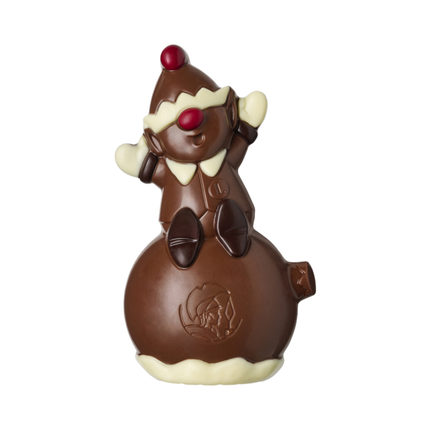 Christmas Elwin Elf - figurină în formă de spiriduș Elf pe un glob din ciocolata cu lapte, în patru culori, fără ulei de palmier și cu unt de cacao pur 100%.