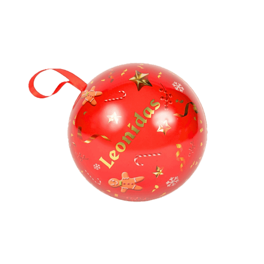Glob Metal Red Christmas Leonidas conține un mix de praline ambalate și globuri din ciocolată belgiană și este cadoul și accesoriul perfect de pus sub brad sau în brad pentru cei dragi.