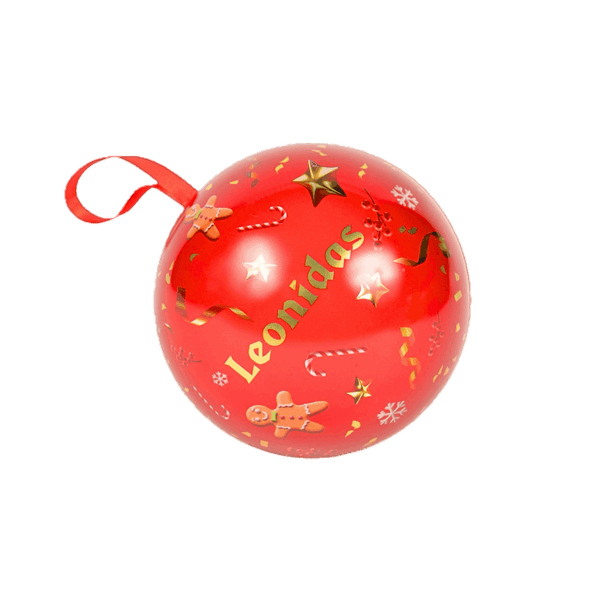 Glob Metal Red Christmas Leonidas conține un mix de praline ambalate și globuri din ciocolată belgiană și este cadoul și accesoriul perfect de pus sub brad sau în brad pentru cei dragi.