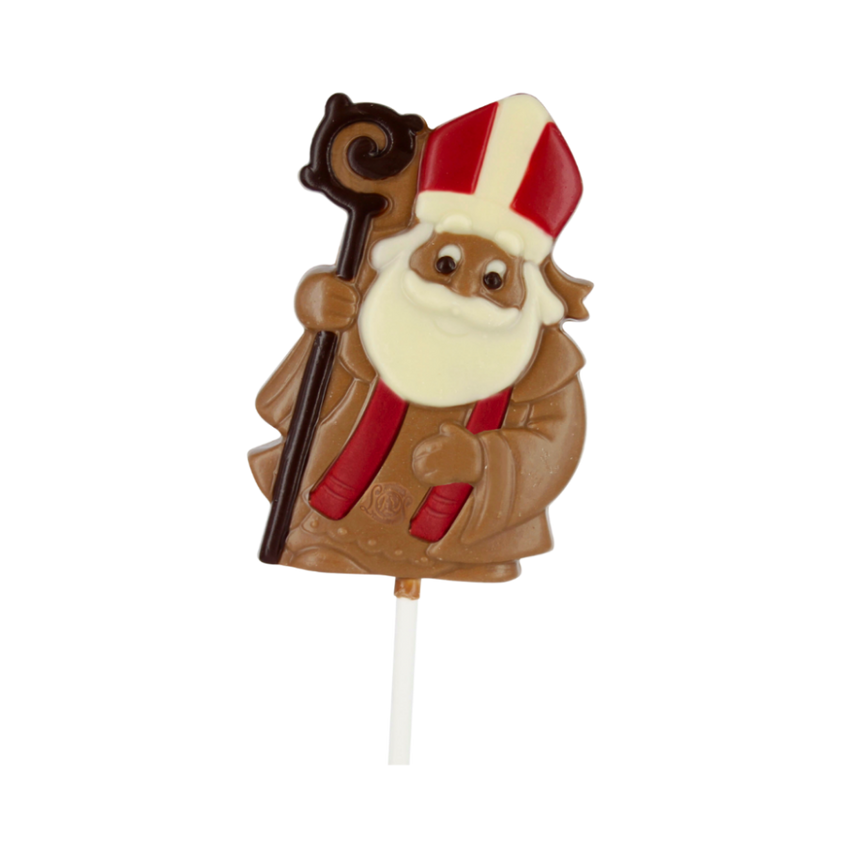 Lollipop Mos Nicolae - figurină din ciocolată belgiană cu lapte, în patru culori, care poate fi dăruită cadou celor mici și celor mari sau numai bună de pus în ghetuțe în seara de Moș Nicolae.