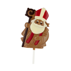 Lollipop Mos Nicolae - figurină din ciocolată belgiană cu lapte, în patru culori, care poate fi dăruită cadou celor mici și celor mari sau numai bună de pus în ghetuțe în seara de Moș Nicolae.