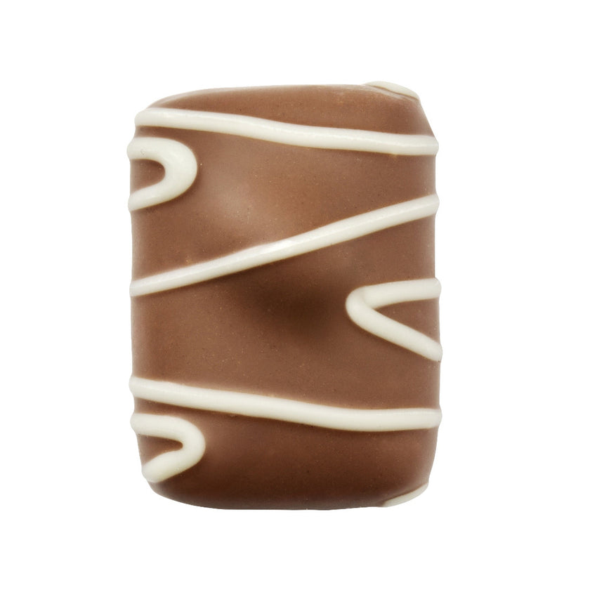  Manon Nougatina,o pralină senzuală cu cremă de unt cu alune de pădure, cremă pralinată și o perlă crocantă de nugatină, învelită în ciocolată cu lapte cu dungi de ciocolată albă