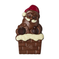 Moș Crăciun Leonidas - figurină în formă Moș Crăciun care stă pe horn, din ciocolată belgiană cu lapte, în 4 culori, fără ulei de palmier și cu unt de cacao pur 100%