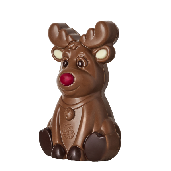 Figurină ren Leonidas din ciocolată cu lapte, în patru culori, fără ulei de palmier, cu 100% unt de cacao. 