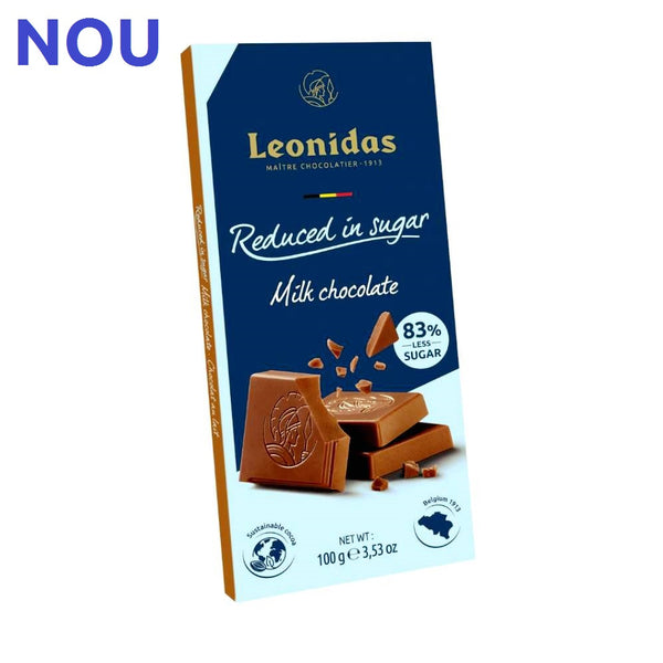 Tabletă delicioasă de ciocolată cu lapte Leonidas, gustul intens, cu 83% mai puțin zahăr, perfectă pentru orice ocazie!