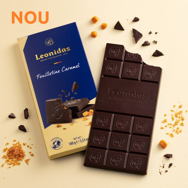 Tabletă fină de ciocolată neagră cu bucăți mici de biscuit feuilletine crocant, caramel ușor sărat, combinația perfectă între amărui-dulce.