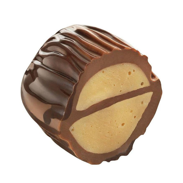 Pralină Walnut, în formă de nucă, cu ciocolată cu lapte marmorată cu ciocolată neagră și interior rafinat de cremă de nucă