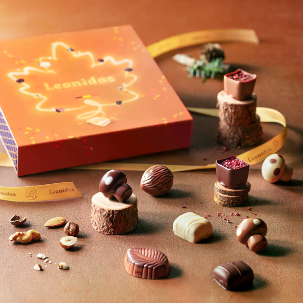 Zanzibar Toamna Leonidas conține o selecție de 16 praline asortate, inclusiv praline de toamnă, în cutie cu sleeve tematic, culoare maro, cadou elegant