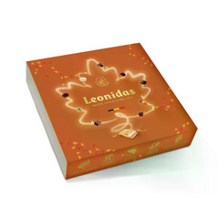Zanzibar Toamna Leonidas conține o selecție de 16 praline asortate, inclusiv praline de toamnă, în cutie cu sleeve tematic, culoare maro, cadou elegant