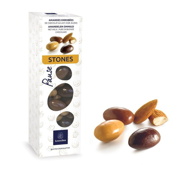 Stones,250 grame, migdale învelite în ciocolată cu lapte, neagră și blondă. DIMENSIUNI: 16 x 5.5 cm