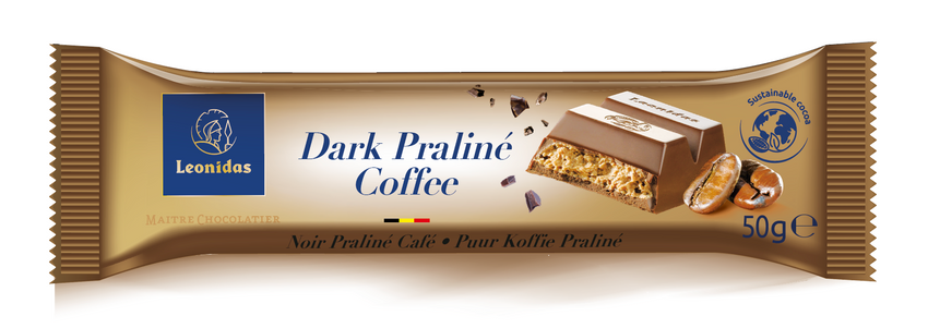 Baton ciocolată neagră 54 % cu cremă pralinată cu aromă de cafea, 50 grame