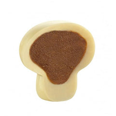 Pralină Mushroom White în formă de ciupercuță din ciocolata albă cu buline din ciocolată cu lapte, umplută cu o cremă mătăsoasă de caramel sărat